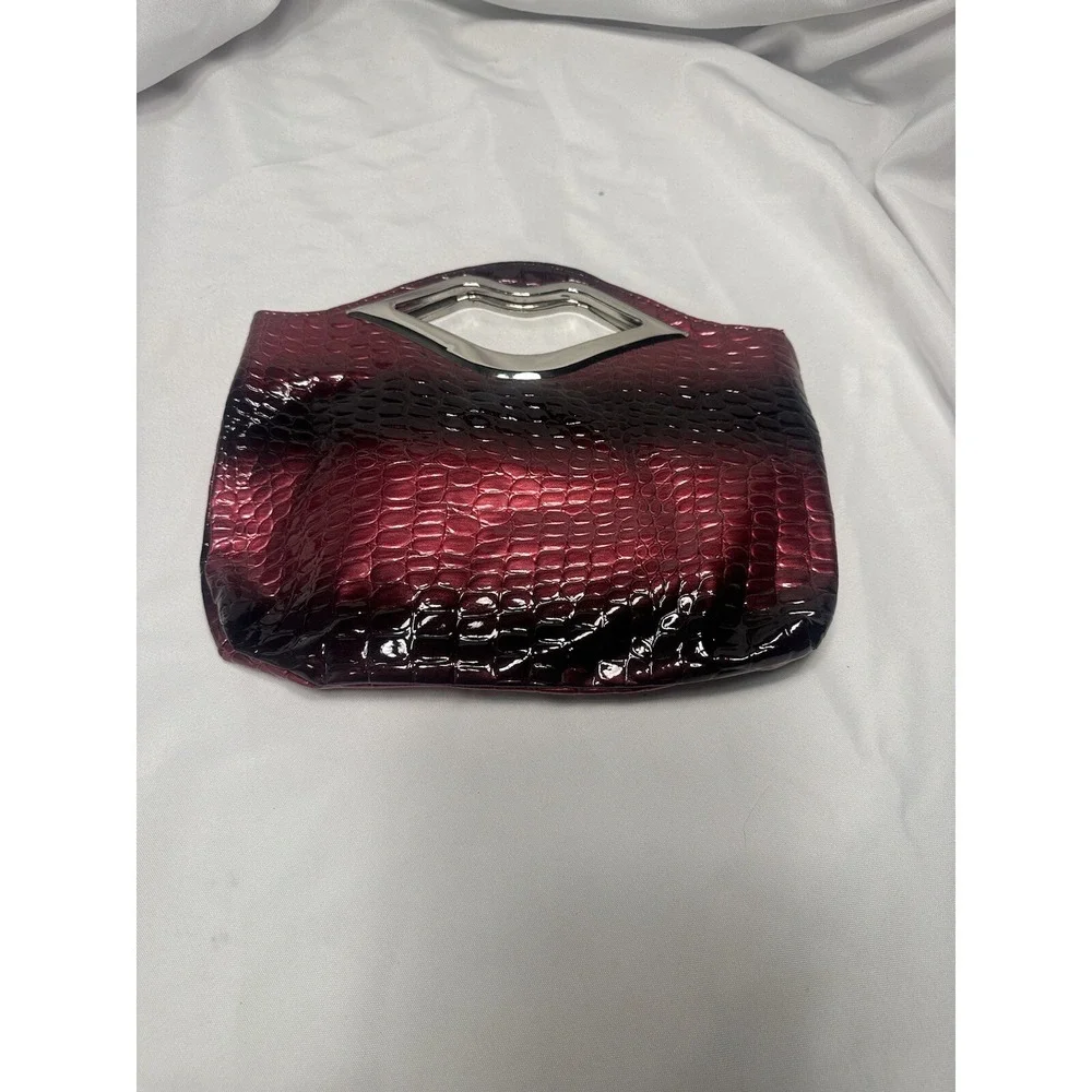 Burgundy Ombre Faux Croc Lip Handle Clutch Bag Amber Jewel Accent Patent Finish
